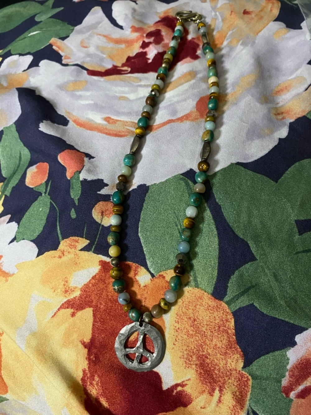 Beaded Turquoise & Brown Peace Pendant Necklace
